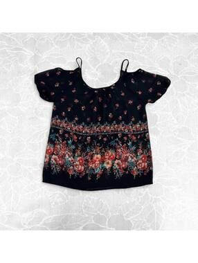 American Dream Black Floral Cold Shoulder Blouse - XS